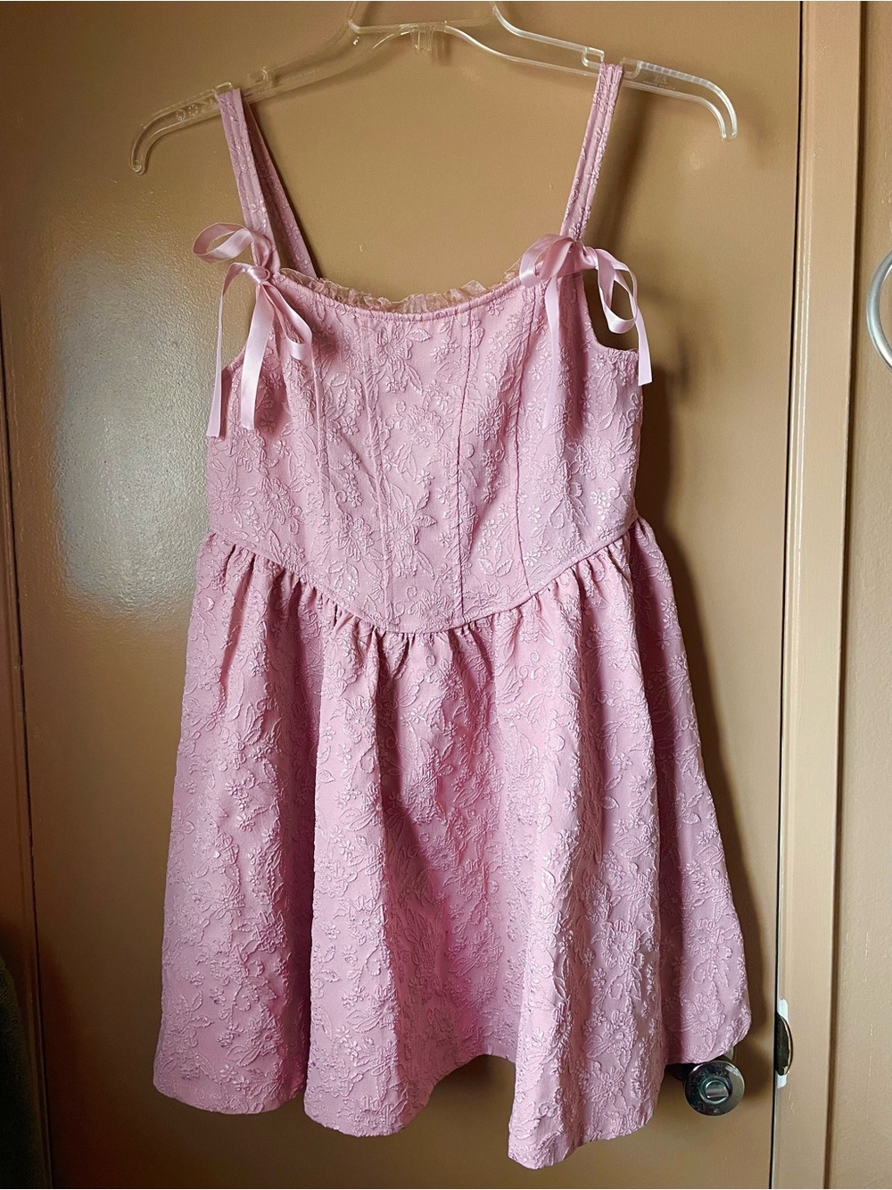 Pink Floral Jacquard Babydoll Dress w/ Bow Straps